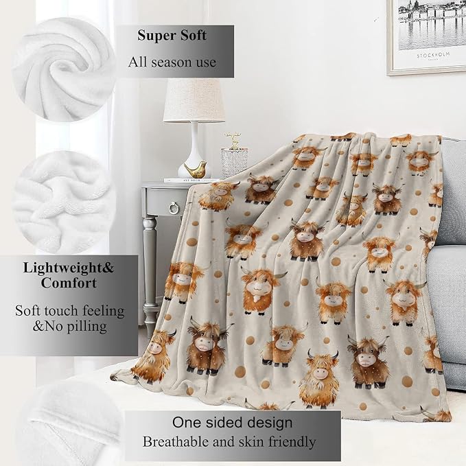 Cute Highland Cow Blanket,Adorable Cartoon Farm Animal Throw Blankets,Gifts for Kids,Lightweight Soft Fleece,for Picnic Sofa Couch Bed Room Travel,Birthday Rustic Farmhouse Decor,60x80in