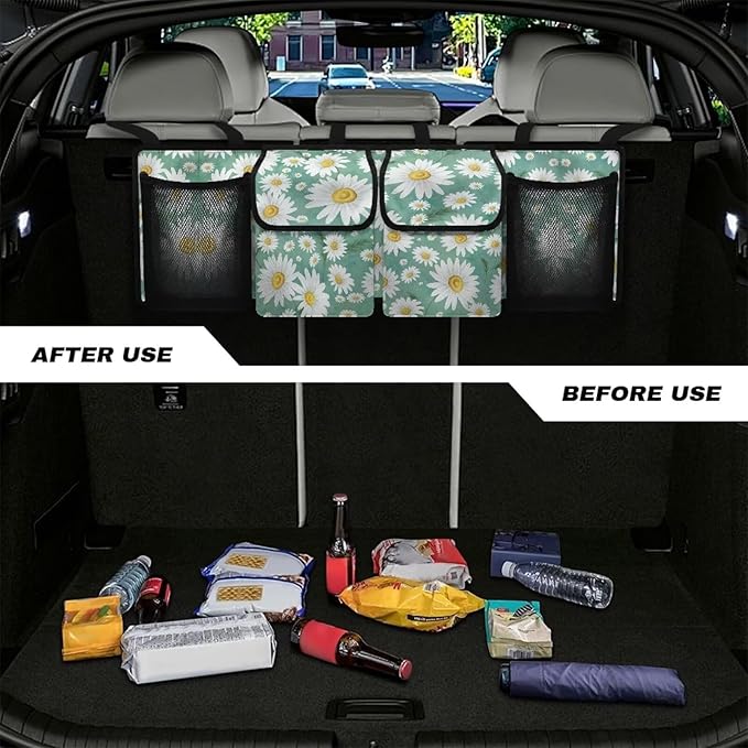 Daisy Printed Trunk Hanging Organizer Backseat Bag Foldable Cargo Storage with 4 Pockets 3 Adjustable Straps Provides More Space for Groceries Car Accessories