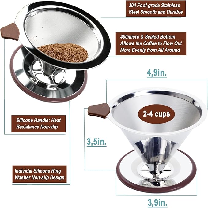 Pour Over Coffee Dripper, Stainless Steel Coffee Filter, Paperless Reusable Coffee Filter, Double mesh 600 Micro Strainer Coffee Maker with Heat-Resistant Silicone Handle & Base & Cleaning Brush