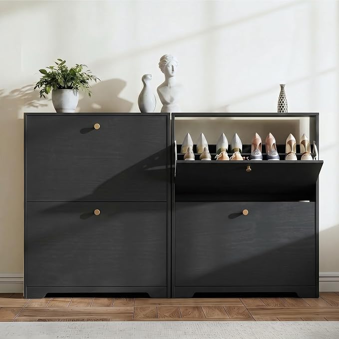 Nicetree Shoe Cabinet with 2 Flip Drawers, Narrow Shoe Organizer Cabinet, Freestanding Shoe Rack Cabinet, Modern Shoe Storage Cabinet for Entryway, Hallway, Foyer, Black with Hook