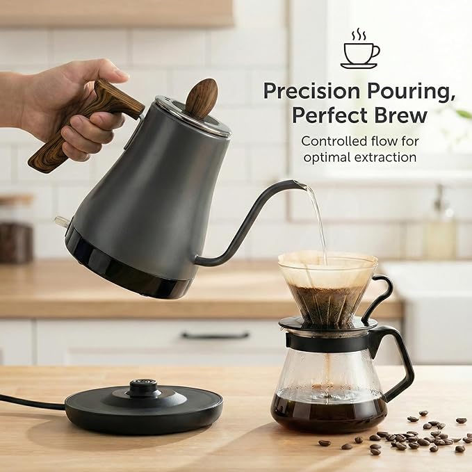 Electric Gooseneck Kettle, Pour Over Kettle for Coffee & Tea, Hot Water Boiler, 100% Stainless Steel Inner Lid & Bottom (K01)