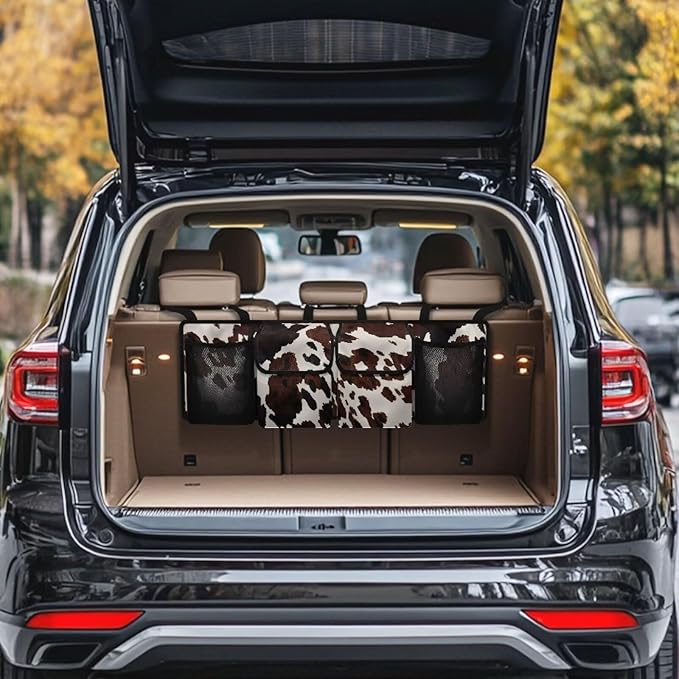 SEANATIVE Black Cow Print Car Trunk Organizer and Storage, Large Capacity Backseat Hanging Storage Car Accessories, Collapsible Backseat Car Organizer for SUV/MPV/Truck