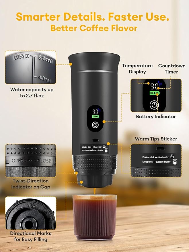 Upgraded 3 in1 Portable Espresso Machine with LED Display,20 Bar Pressure,Real-Time Temp&Battery Indicator,Portable Coffee Maker Compatible with Ground Coffee & Capsules, for Travel,Home & Office
