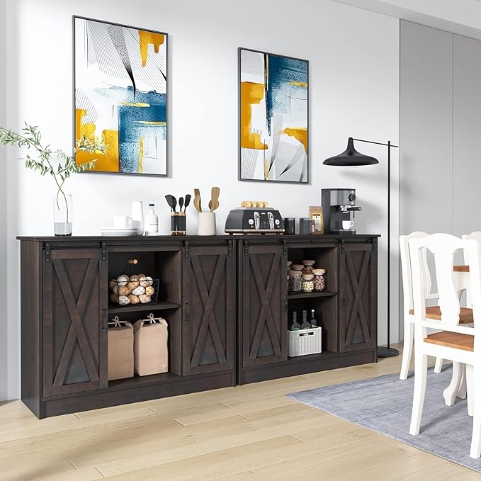 4 EVER WINNER Coffee Bar Cabinet with Sliding Barn Doors, 42” Sideboard Buffet Cabinet with Storage, Farmhouse Coffee Bar Station Table Liquor Wine Bar with Shelves for Kitchen, Espresso