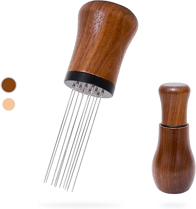 WDT Espresso Tool, Espresso distribution Tools,10 Needles 0.35mm Espresso Coffee Stirrer, Nature Wood Handle with Stand (Walnut)
