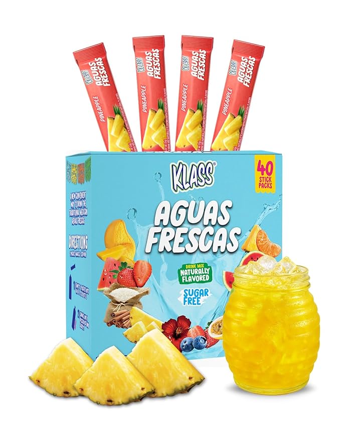 Klass Aguas Frescas, Powdered Drink Mix, 40 Singles Zero Sugar & Caffeine-Free Powder Packets, Water Drink Mix, Flavor: Pineapple - 5 Calories Per Packet & Natural Flavors