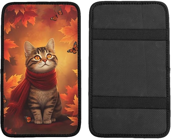 Universal Car Center Console Cushion Pad, Autumn Maple Leaf Cat Soft Waterproof Car Center Console Cover Auto Armrest Seat Box Cover Protector for Most Vehicle SUV Truck Car