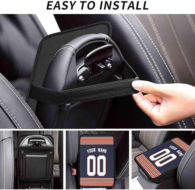 Custom Car Armrest Cover,Add Personalized Name and Number As Gifts for Loyal Football Fans,American Football Auto Center Console Pad Car handrail Box Cushion,Fit for Most Car Seat Box Cover Protector