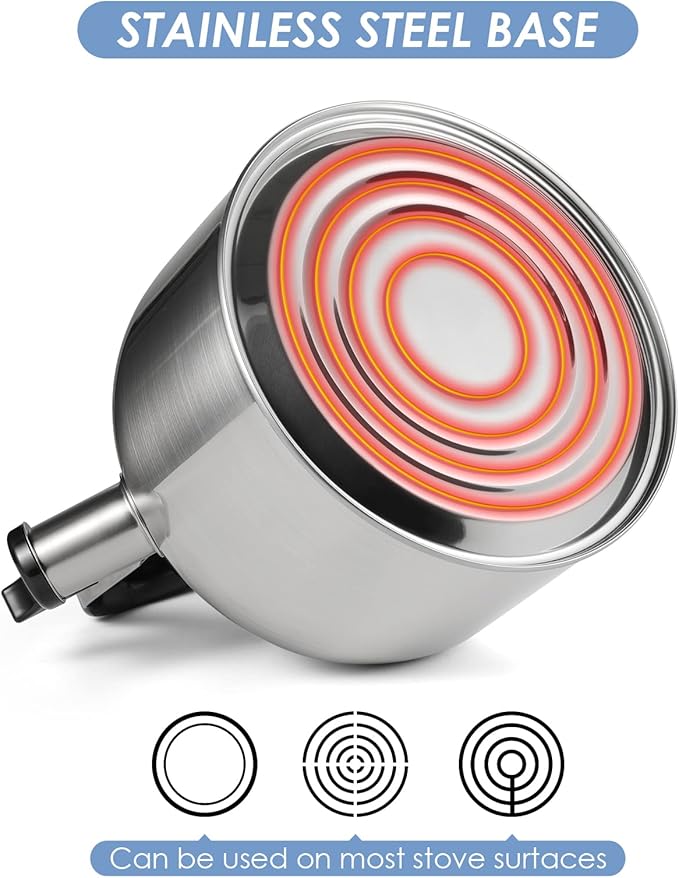 4.2 Quart/4L Large Whistling Tea Kettle, 304 Stainless Steel Brushed Satin, Fast Boil for Induction & Gas Stoves