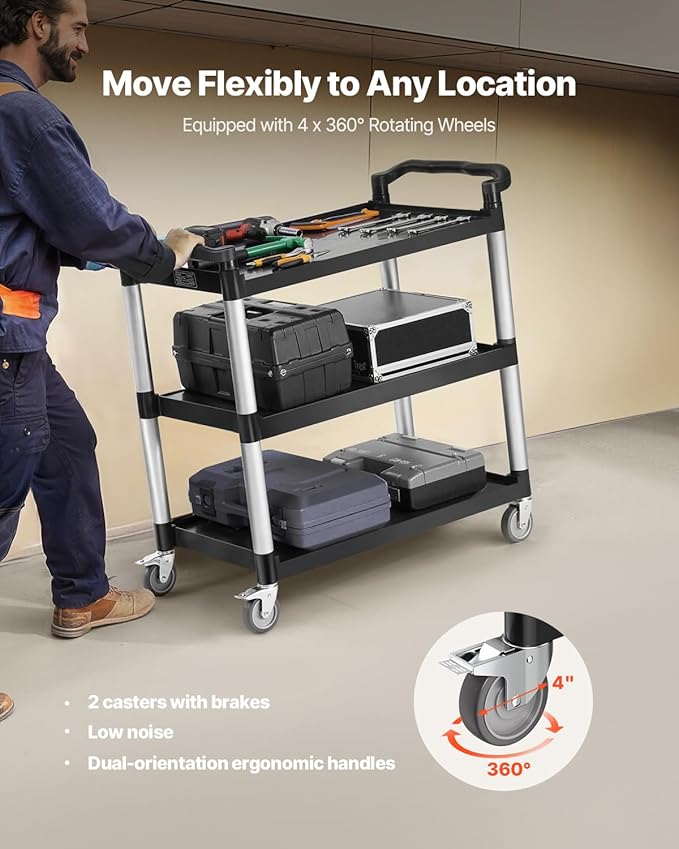 VEVOR Utility Cart, 330 lbs Load Capacity, 3-Tier Utility Plastic Cart with 360° Swivel Wheels (2 with Brakes), 31.1 x 19.3-inch Food Service Cart for Warehouse, Office, Home, Restaurant, Kitchen