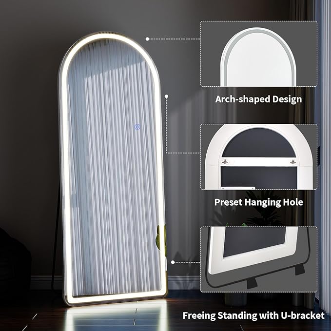 VooBang 71"x26" LED Mirror Full Length - Arched Floor Body Mirror Rounded Corners with Dimmable Lights - 3 Color Modes, Standing Leaning Wall Mounted for Bedroom, Dressing Room