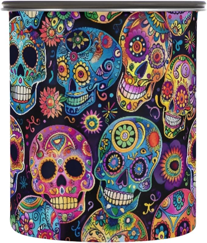 ALAZA Sugar Skulls Day Of Dead Airtight Coffee Bean Canister 900ml Food Storage Containers with Lids For Gournd, Tea, Sugar, Flour, Rice, Cereal, Candy Cookie Jar