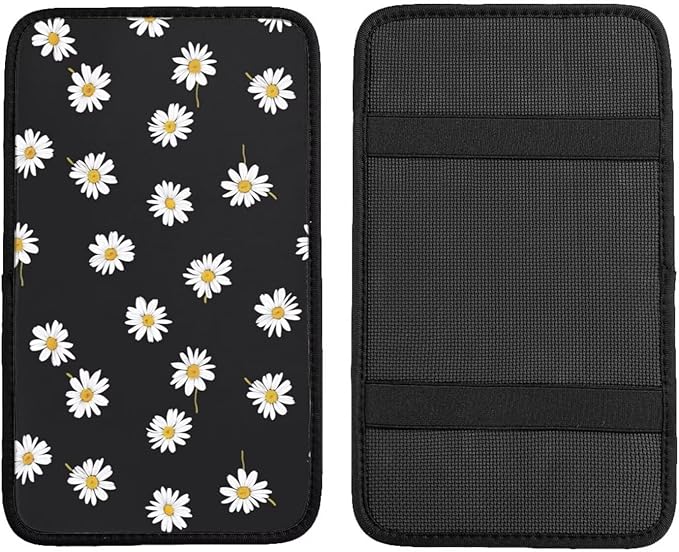 Floral Daisy Car Center Console Cushion Pad Cute Wildflower Armrest Box Cover Protector Black Comfortable Car Decor Accessories Fit for Most Cars, Vehicles, Sedans Vans Truck SUV