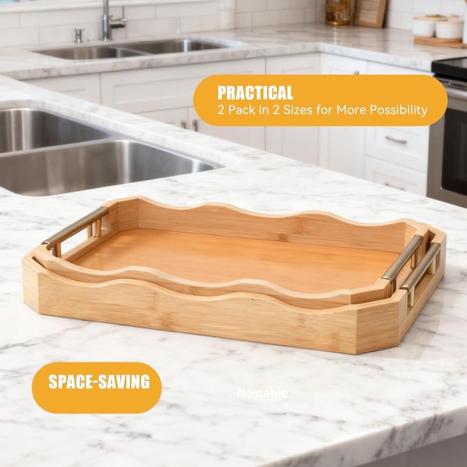 Decorative Bamboo Serving Tray Set with Gold Metal Handles, 2 Pack Ottoman Coffee Table Trays, 14.5x9.8 and 15.75x11 Inches (Bamboo Color)