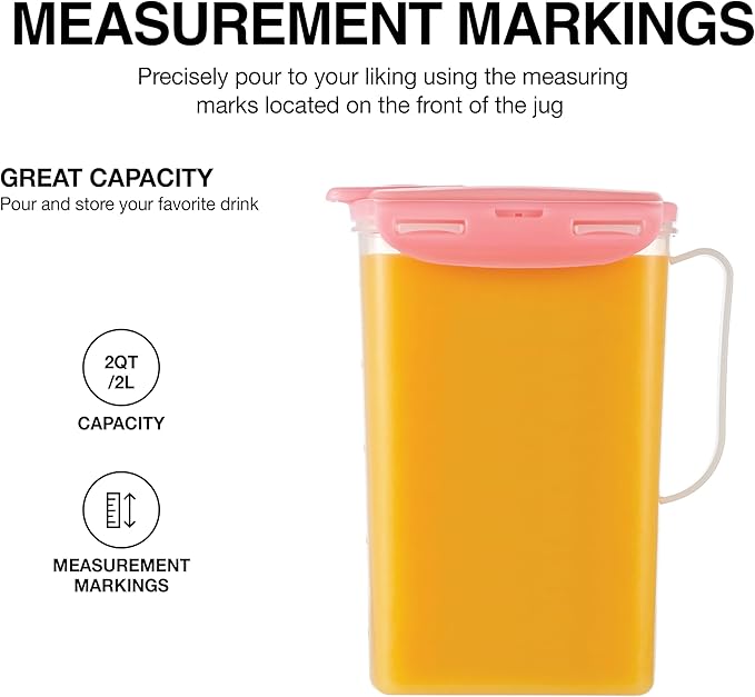 LocknLock Aqua Fridge Door Water Jug with Handle BPA Free Plastic Pitcher with Flip Top Lid Perfect for Making Teas and Juices, 2 Quarts, Pink