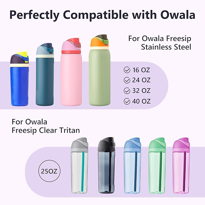 2 IN 1 Replacement Lid for Owala Freesip, Compatible with Owala Cup 16oz 24oz 32oz 40oz, One Button Water Bottle Top Lid Replacement Accessory and Straws, Leakproof, BPA-Free, Purple Pink