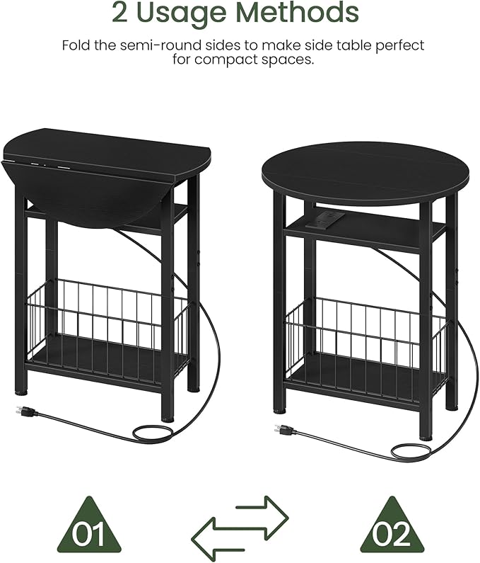 Side Table with Charging Station, Folding Side Table with Storage, 3-Tier Narrow End Table with Folding Top, Small Side Table for Small Spaces, for Living Room, Bedroom, Black TBZ10UBB