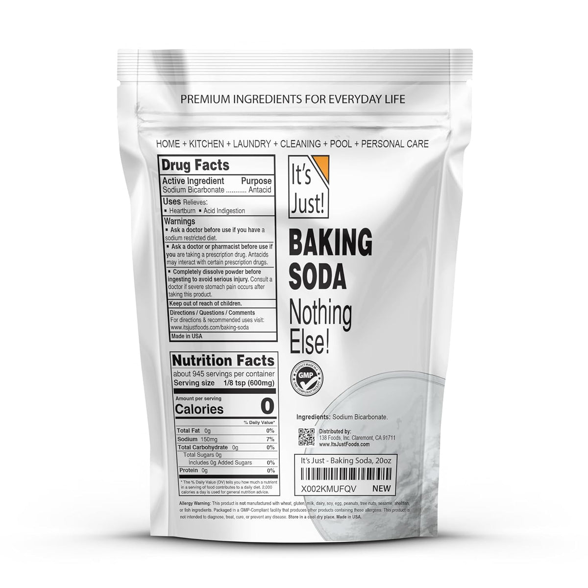 It's Just - Baking Soda, 100% Pure Sodium Bicarbonate, Food Grade, Non-GMO, Made in USA, Cooking, Baking (1.25 Pound)