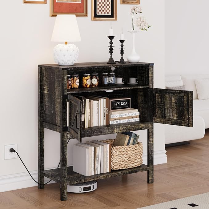 Console Table with Outlets, Farmhouse Coffee Bar Cabinet, 31.5 l x 13.8 D x 35.5 H, Entryway Table with Storage Cabinets for Living Room, Couch, Hallway, Foyer, Kitchen (Dack Grey)