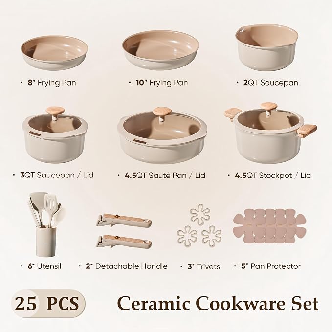 CAROTE 25 Pcs Ceramic Cookware Sets, Pots and Pans Set Non Stick, Detachable Handle, Induction & Oven Safe, Stackable Space - 70% Saving, Cookware Non Stick Cooking Set, Taupe (PFOS, PFOA Free)
