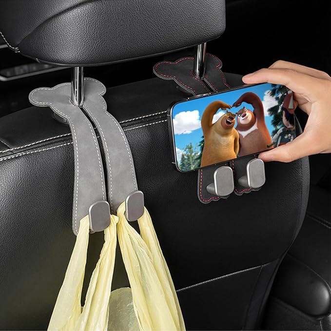 Car Seat Headrest Hook, 2PCS Cute 2 In 1 Vehicle Backseat Hanger Storage Double Hook with Phone Holder, Auto Interior Hanging Organizer Accessories, Universal for SUV Sedan Truck (Grey)