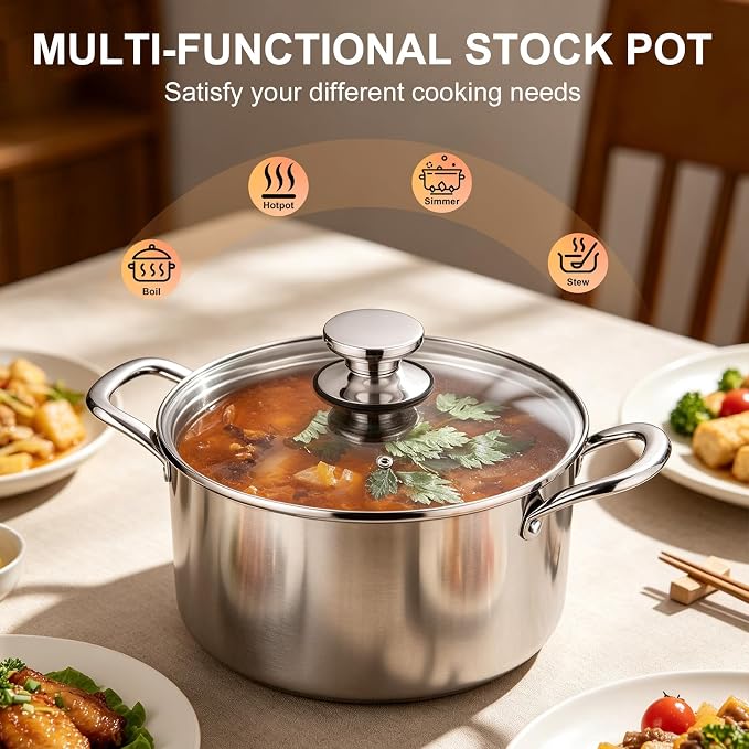 P&P CHEF 4 Quart Tri-Ply Stainless Steel Stock Pot, 4 Qt Stockpot Pasta Cooking Pot with Visible Lid for Soup Vegetable, Induction Cookware for All Stoves, Sturdy & Double Handle, Dishwasher Safe