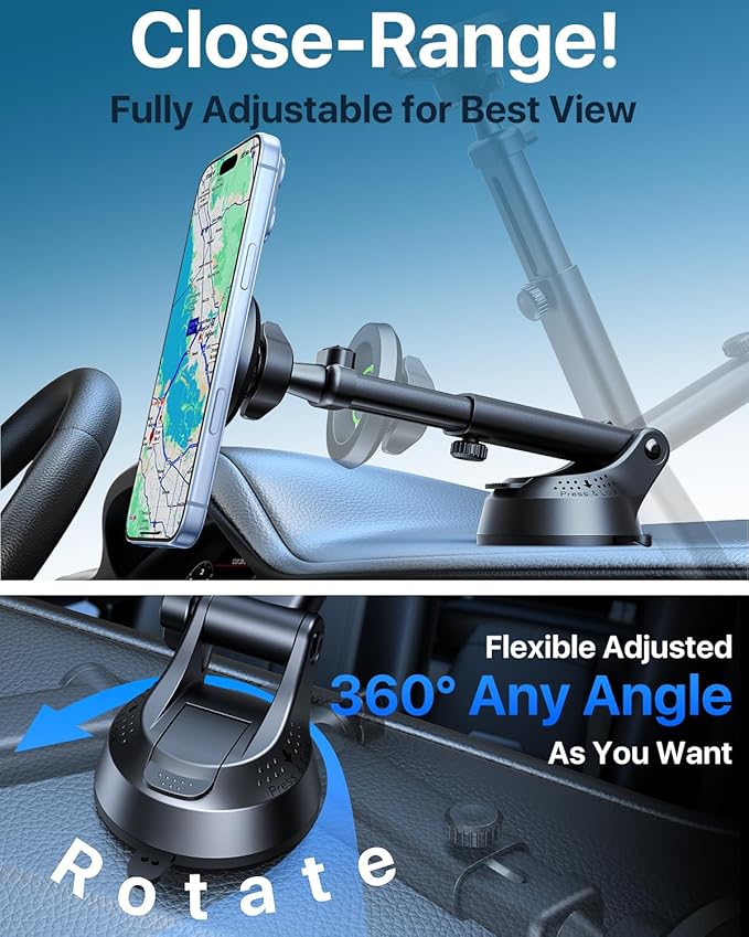 [2026 Military-Grade] YRU for Magsafe Car Mount 90+LBS Strong Suction 360° Adjustable Magnetic Phone Holder for Car Dashboard Windshield Vent, Cradle for iPhone 17 16 15 14 13 12 Samsung, Light Yellow
