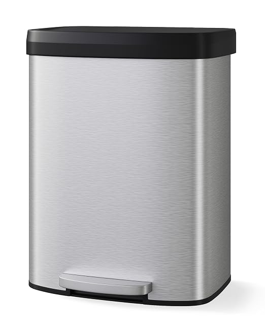 Garvee 16 gal / 60 L Stainless Steel Trash Can with Lid, Large Garbage Can for Kitchen, Rustproof Step-on Kitchen Metal Trash Bin with Liner Rim, Rear Handle, Soft Close Plastic Lid, Silver