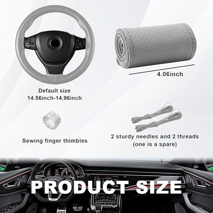 Ziciner Genuine Leather Steering Wheel Cover, Stitch on Wrap, Breathable Anti-Slip Car Steering Wheel Protector for Max Diameter 15 Inch, DIY Sewing with Needles Thread (Gray, Hole)