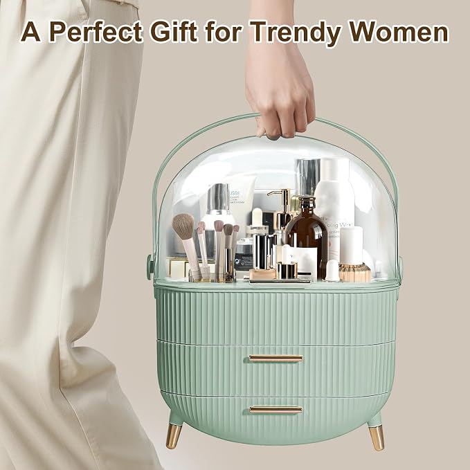 Makeup Organizer for Vanity, Large Capacity Skincare Cosmetic Organizer Countertop with 2 Drawers, Cosmetic Display Cases Makeup Storage Box for Bedroom, Bathroom, Ideal Gifts for Women(Green)
