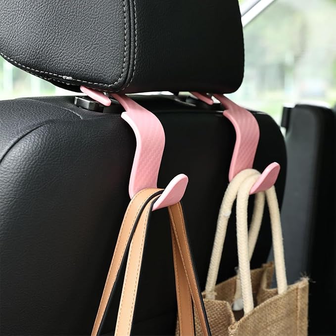 Car Seat Headrest Hook, 4 Pack Auto Seat Hanger Storage Organizer for Purse Handbag Coats Grocery Bags, Car Interior Accessories, Universal Vehicle Backseat Plastic Hanging Hook (Pink2)