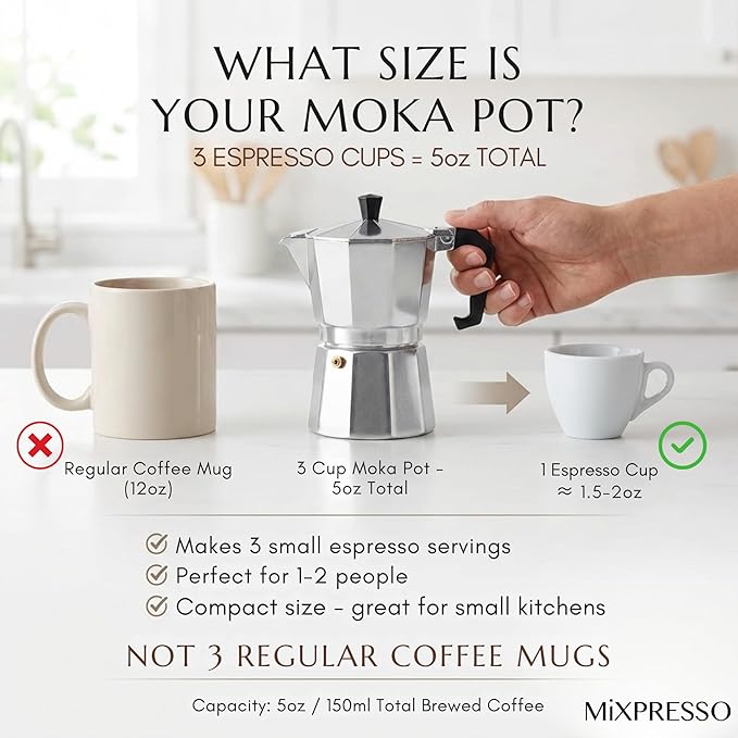 Mixpresso Moka Pot 3 Cup (5 oz Total) – Stovetop Espresso Maker for Gas & Electric Stove, Aluminum Cuban & Italian Coffee Maker, Small Size Espresso Brewer