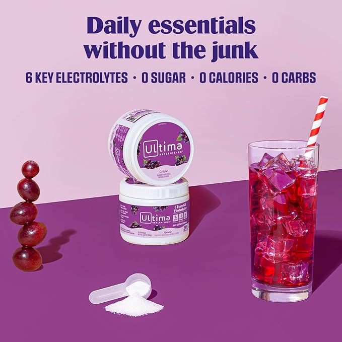 Ultima Replenisher Daily Electrolyte Powder Drink Mix – Sugar Free – Grape, 30 Servings – Hydration Powder with 6 Key Electrolytes and Trace Minerals – Keto Friendly, Vegan, Non-GMO