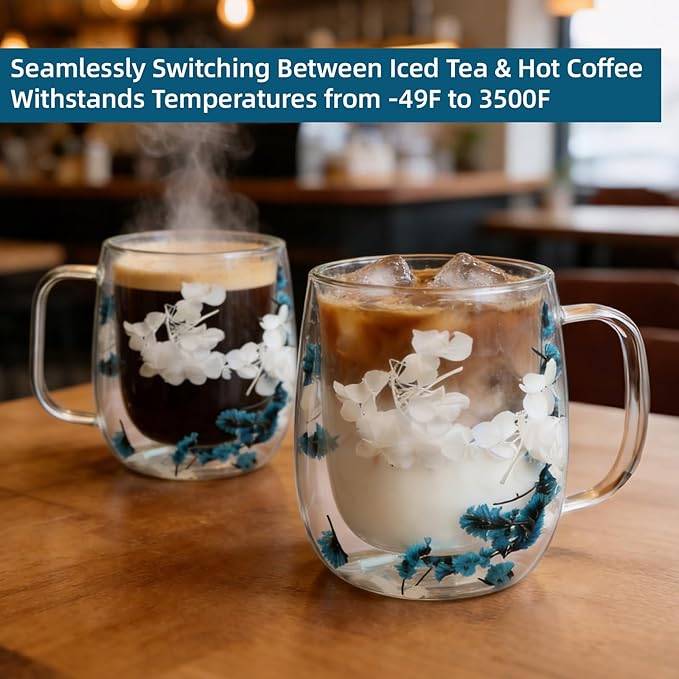 Dried Flowers Double Wall Insulated Coffee Mug, Borosilicate Glass Tea Cup with Real Flower Embedded, Heat Resistant Handle for Valentine's Day Birthday Gifts (blue,13.19oz)