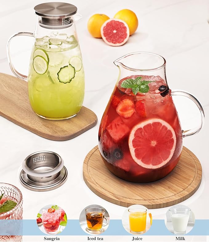 LUNA & MANTHA Glass Pitcher with Lid, 86oz Glass Water Pitcher, Large Hot Cold Water Jug, Borosilicate Drink Jug for Iced Tea, Sangria and Coffee Beverage Carafe with 2 Silicone Rings