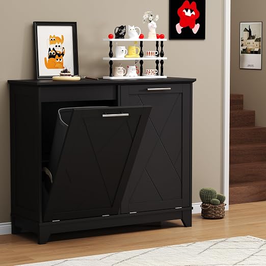 Double Tilt Out Trash Can Cabinet with Charging Station, Negative Ion Odor Control, Hidden Dual 10-Gallon Recycling Cabinet, Dog Proof Garbage Can for Kitchen, Laundry, Dining Room,Black