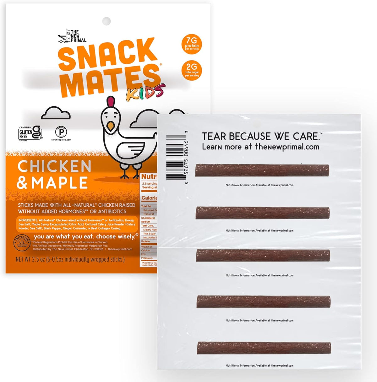 Snack Mates by The New Primal, Chicken & Maple Stick, All-Natural Chicken, High Protein and Low Sugar Kids Snack, Certified Paleo, Certified Gluten-Free, Lunchbox Friendly, 0.5 oz, Pack of 5