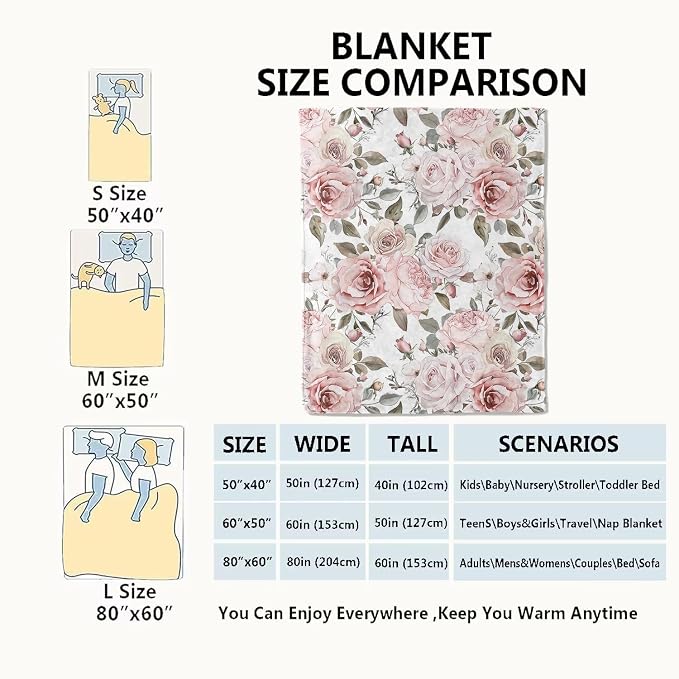 Floral Blanket,Vintage Pink Rose Throw Blankets,Birthday Gifts for Women & Flower Lovers,Lightweight Soft Fleece,for Picnic Sofa Couch Bed Room Travel,Modern Romantic Decor,40x50in