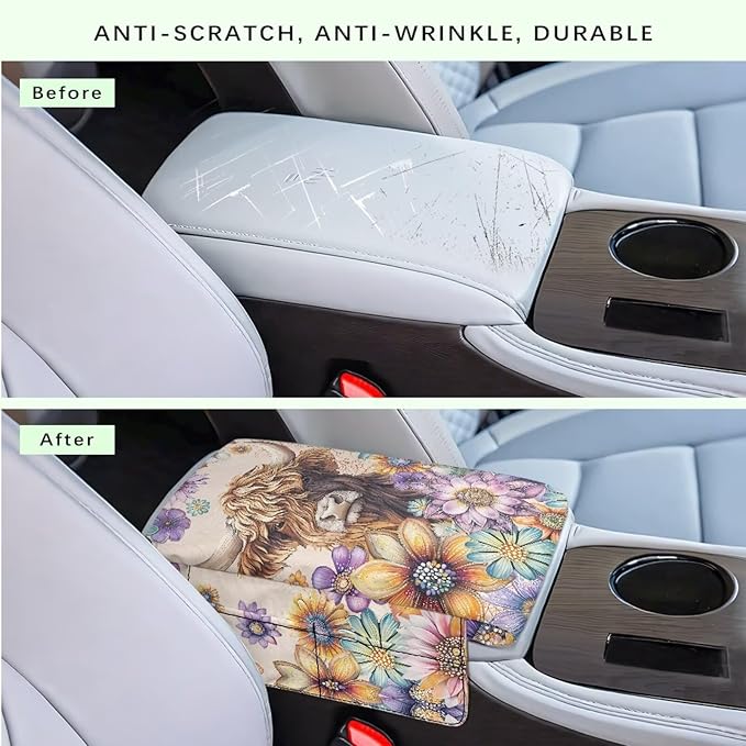 Dreaweet Highland Cow Boho Floral Print Arm Rest Cover for Car Women Thick Center Console Armrest Pad with Pockets Auto Accessories Interior Car Center Console Cushion Pad