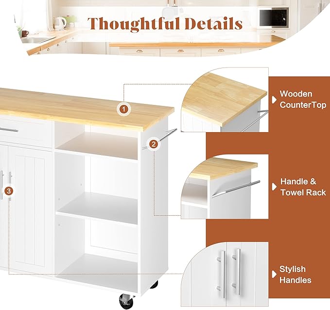 SUNLEI Kitchen Island on Wheels with Storage Cabinet & Drawer, 42" Multifunction Kitchen Cart Cabinet with Shelves, Cart Handle for Towel Rack or Free Mobility, Portable Islands for Kitchen(White)