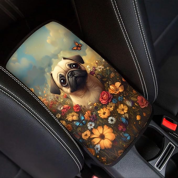 Suobstales Pug Dog Print Car Armrest Pad Soft Center Console Arm Rest Protector Cover Butterfly Daisy Flower Design Universal Car Interior Accessories Decoration