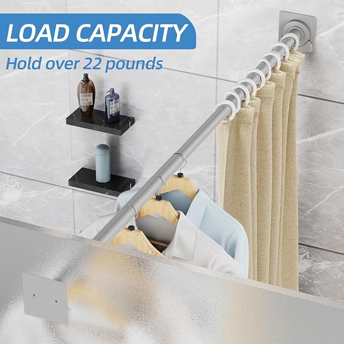 CorkLatta Matte Silver Shower Curtain Rod,1 Inch Diameter Stainless Steel Adjustable Spring Tension Rods 32 to 92",with Holders,Anti-Slip,Curtain Rods No Drilling(1 Pack)