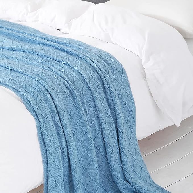 BOURINA Blue Throw Blanket 50 x90 Inches Throw Textured Solid Soft Sofa Throw Bed Runner Couch Cover Knitted Decorative Blanket Bed Runner