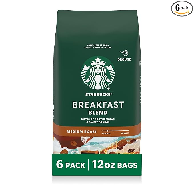 Starbucks Ground Coffee, Medium Roast Hot or Iced Coffee, Breakfast Blend, Six 12 oz Bags