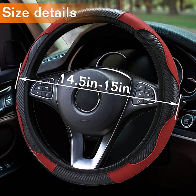 Car Steering Wheel Cover, 15 inch Carbon Fiber Microfiber PU Leather Elastic Steering Wheel Protector for Unisex, Anti-Slip Breathable Car Interior Accessories for Most Cars (Wine Red)