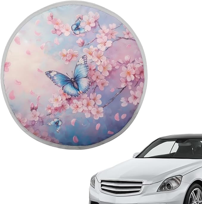 Butterfly Cherry Flower Pattern Steering Wheel Sun Shade Cover, Decorative Accessories for Women Universal Steering Wheel UV Rays Sun Visor Protector Universal Fit Car SUV Truck Van