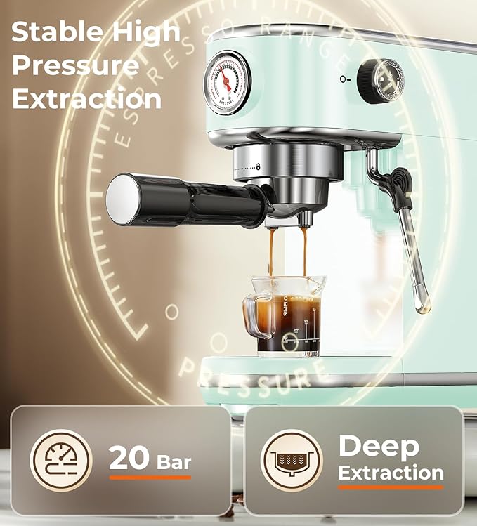 20 Bar Espresso Machine with Milk Frother, Compact Espresso Maker, Stainless Steel Coffee Machine with Precise Temp Control & 44oz Removable Water Tank for Latte, Cappuccino, Light Green