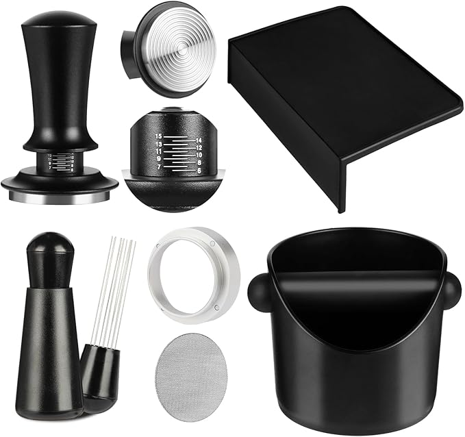 Espresso Accessories,6 PCS Espresso Machine Accessories Kit,Coffee Tamper Tools Set with Espresso Tamper,Coffee Tamping Mat,WDT Distribution Tool,Knock Box,Dosing Funnel and Puck Screen(58mm)