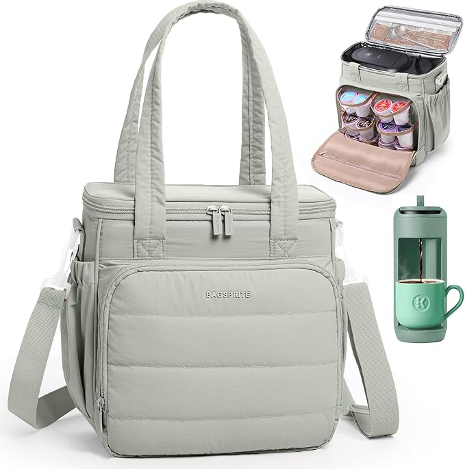 BAGSPRITE Coffee Maker Travel Bag Compatible with Keurig K-Mini Mate, Carrying Case for K-Cup Single Serve Coffee Maker, Portable Coffee Maker Case with Pod Organizer, Mug Pockets & Shoulder Strap