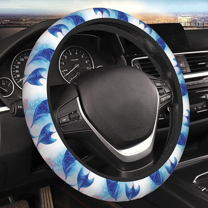 Elastic Stretch Car Steering Wheel Cover Universal 15 inch Anti-Slip Auto Steering Wheel Protector Sea Animals Stingrays Steering Wheel Covers Warm in Winter and Cool in Summer, Black